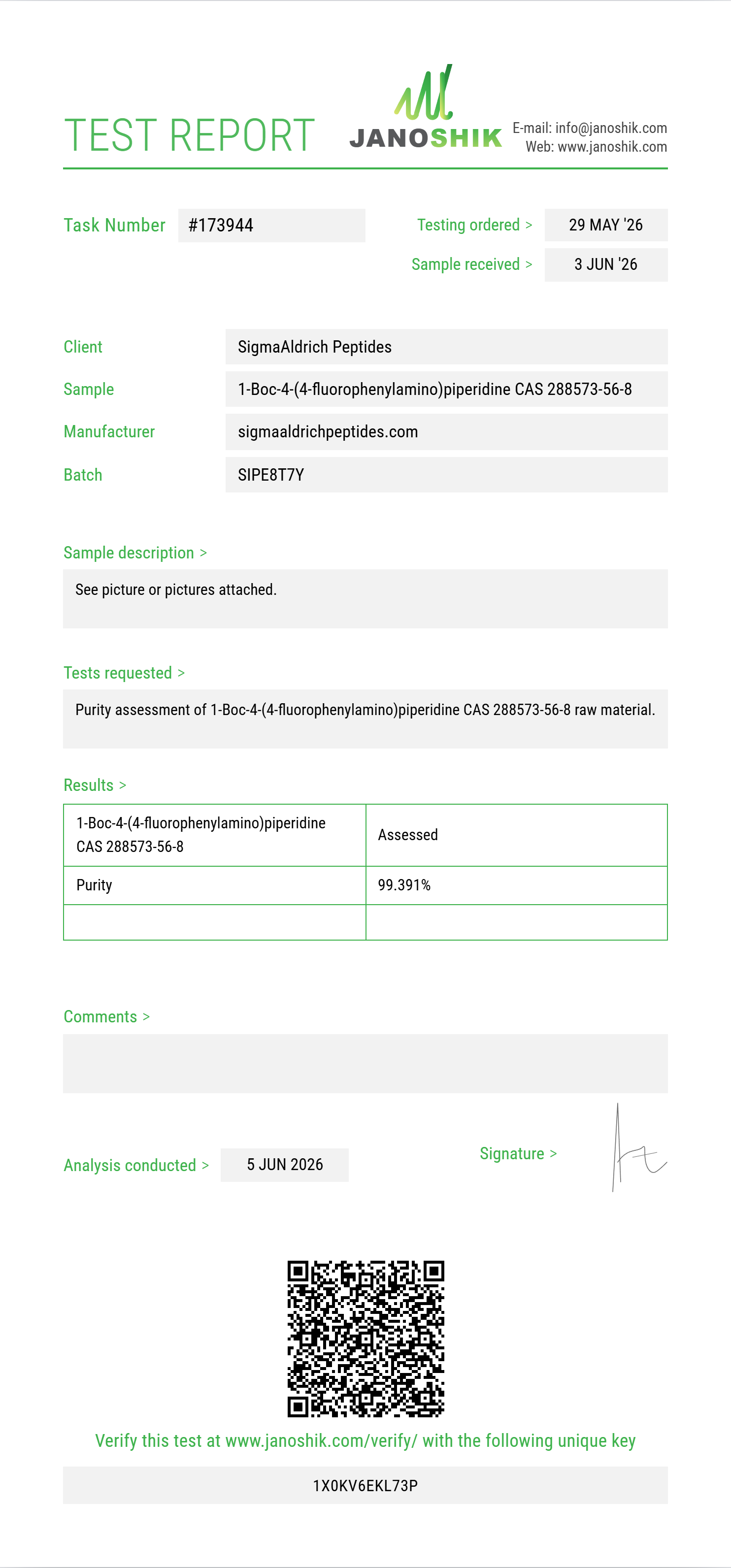 1-Boc-4-(4-fluorophenylamino)piperidine CAS 288573-56-8 Purity (HPLC) report by Janoshik Analytical