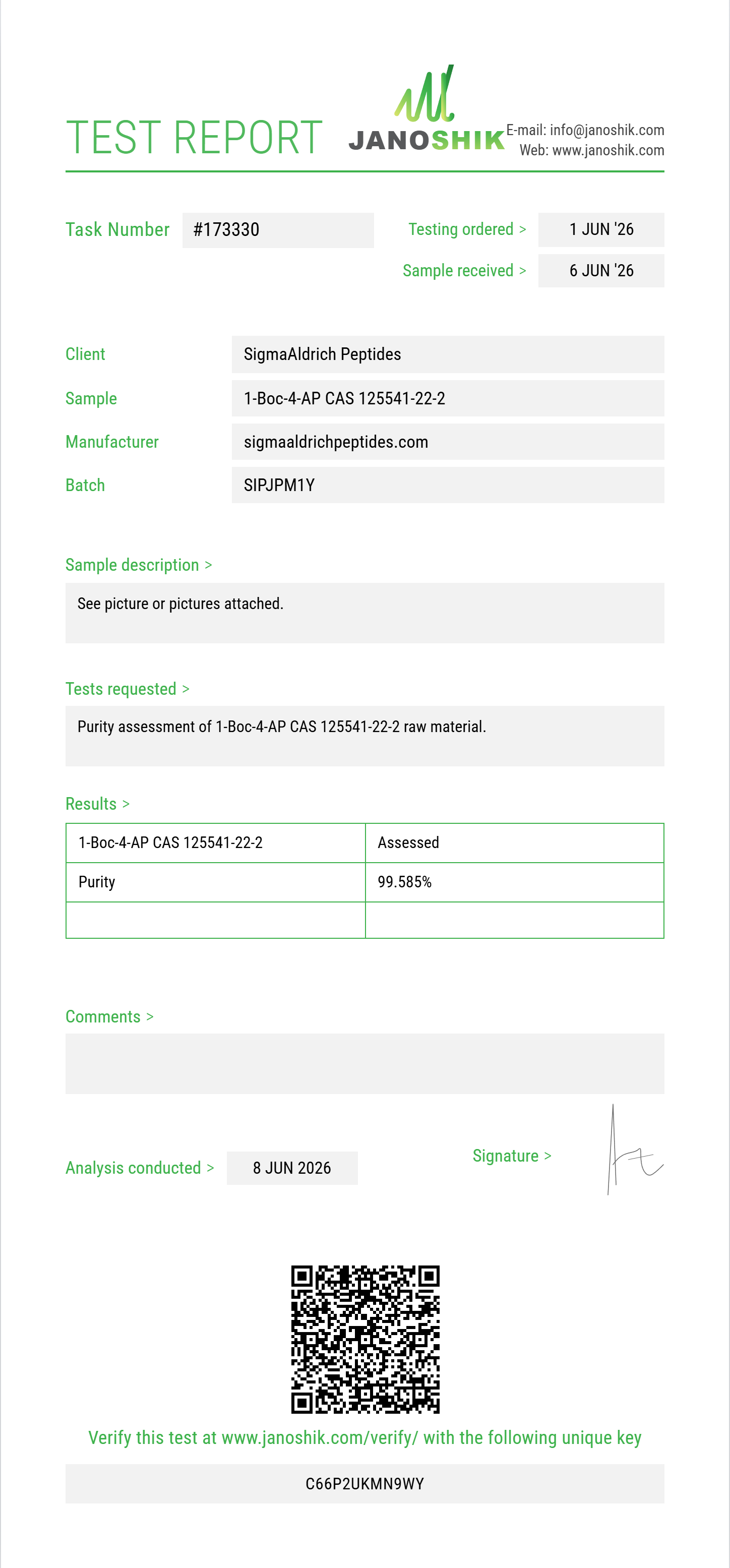 1-Boc-4-AP (tert-butyl 4-(phenylamino)piperidine-1-carboxylate) CAS 125541-22-2 Purity (HPLC) report by Janoshik Analytical