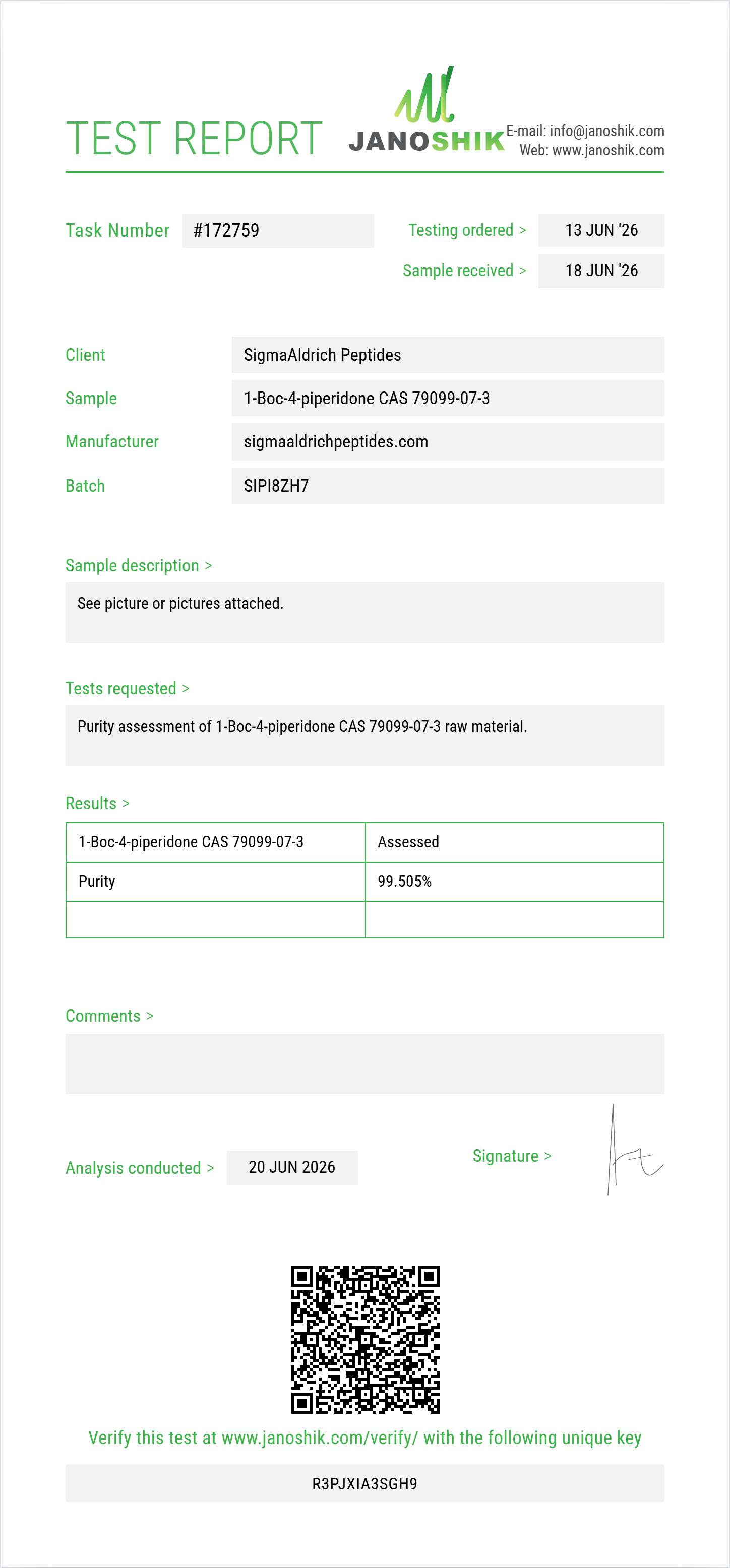 1-Boc-4-piperidone (tert-butyl 4-oxopiperidine-1-carboxylate) CAS 79099-07-3 Purity (HPLC) report by Janoshik Analytical