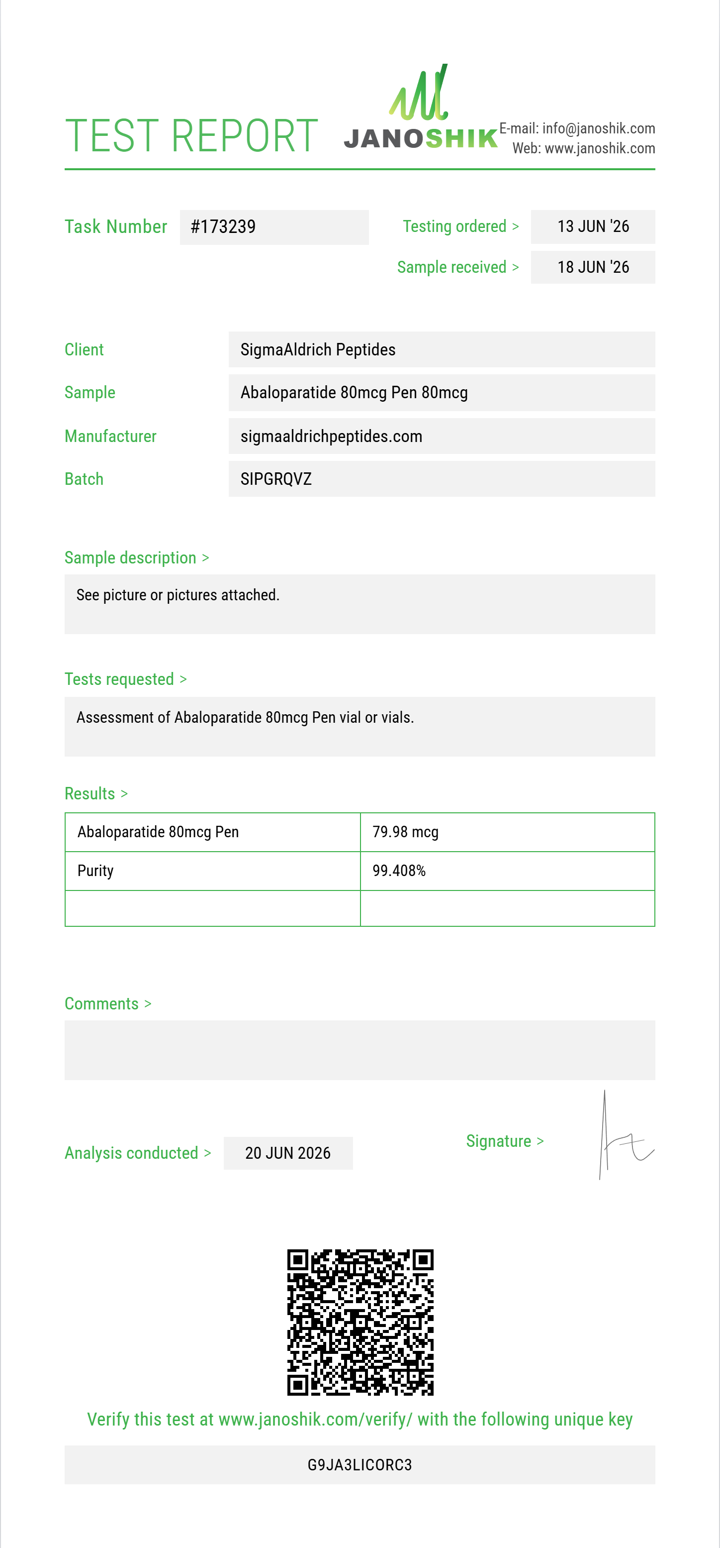 Abaloparatide Purity (HPLC) report by Janoshik Analytical