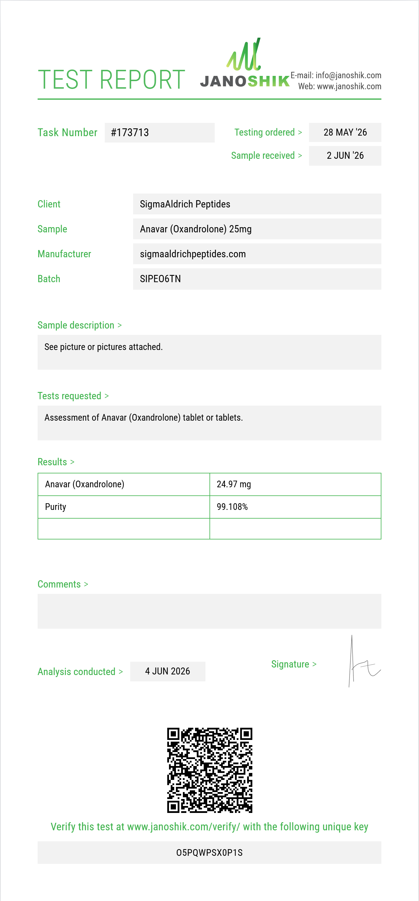 Anavar (Oxandrolone) Purity (HPLC) report by Janoshik Analytical