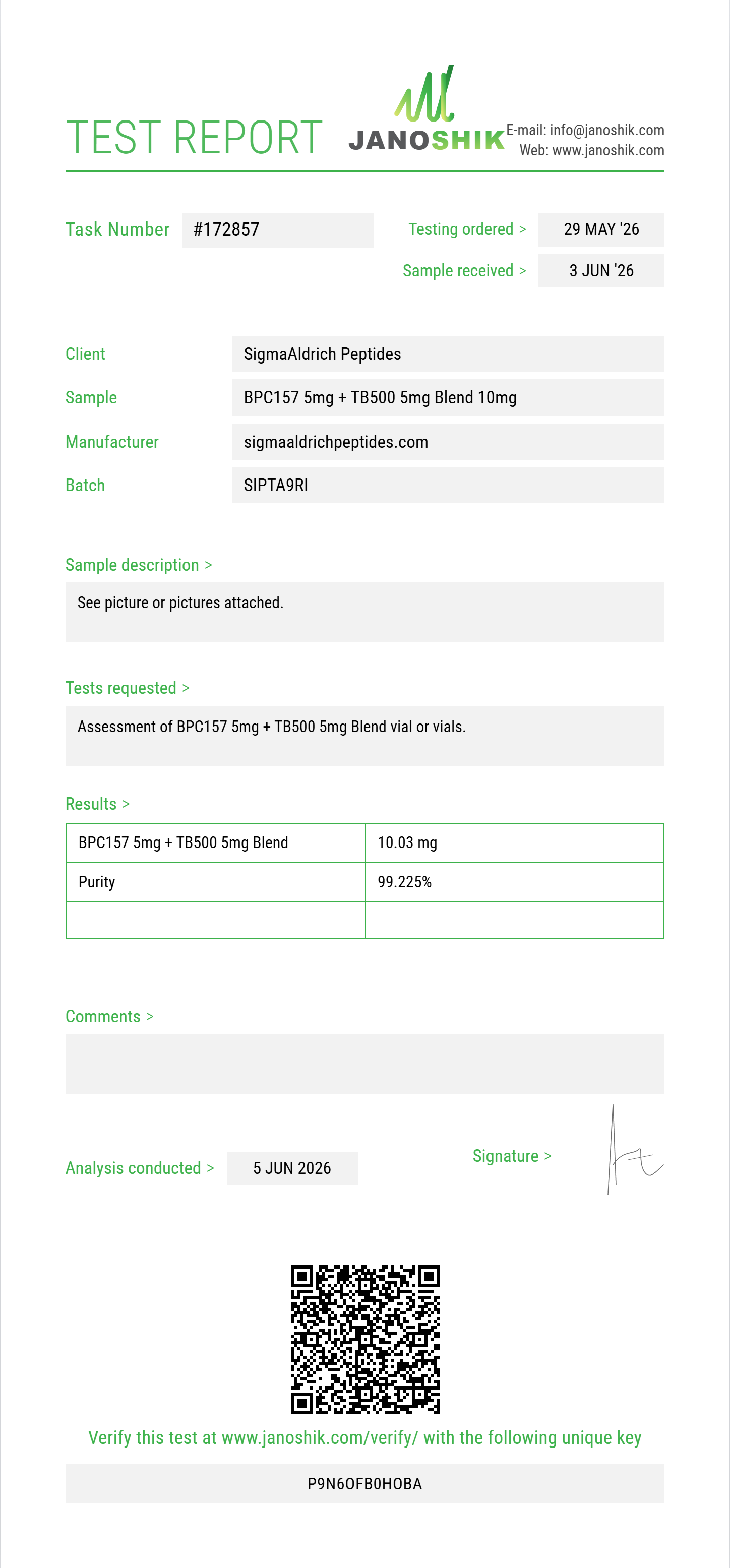 BPC157 5mg + TB500 5mg Blend Purity (HPLC) report by Janoshik Analytical
