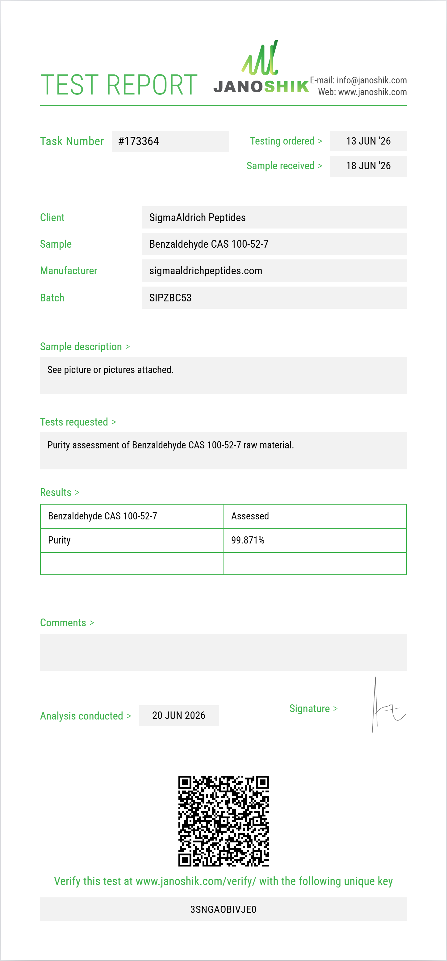 Benzaldehyde CAS 100-52-7 Purity (HPLC) report by Janoshik Analytical