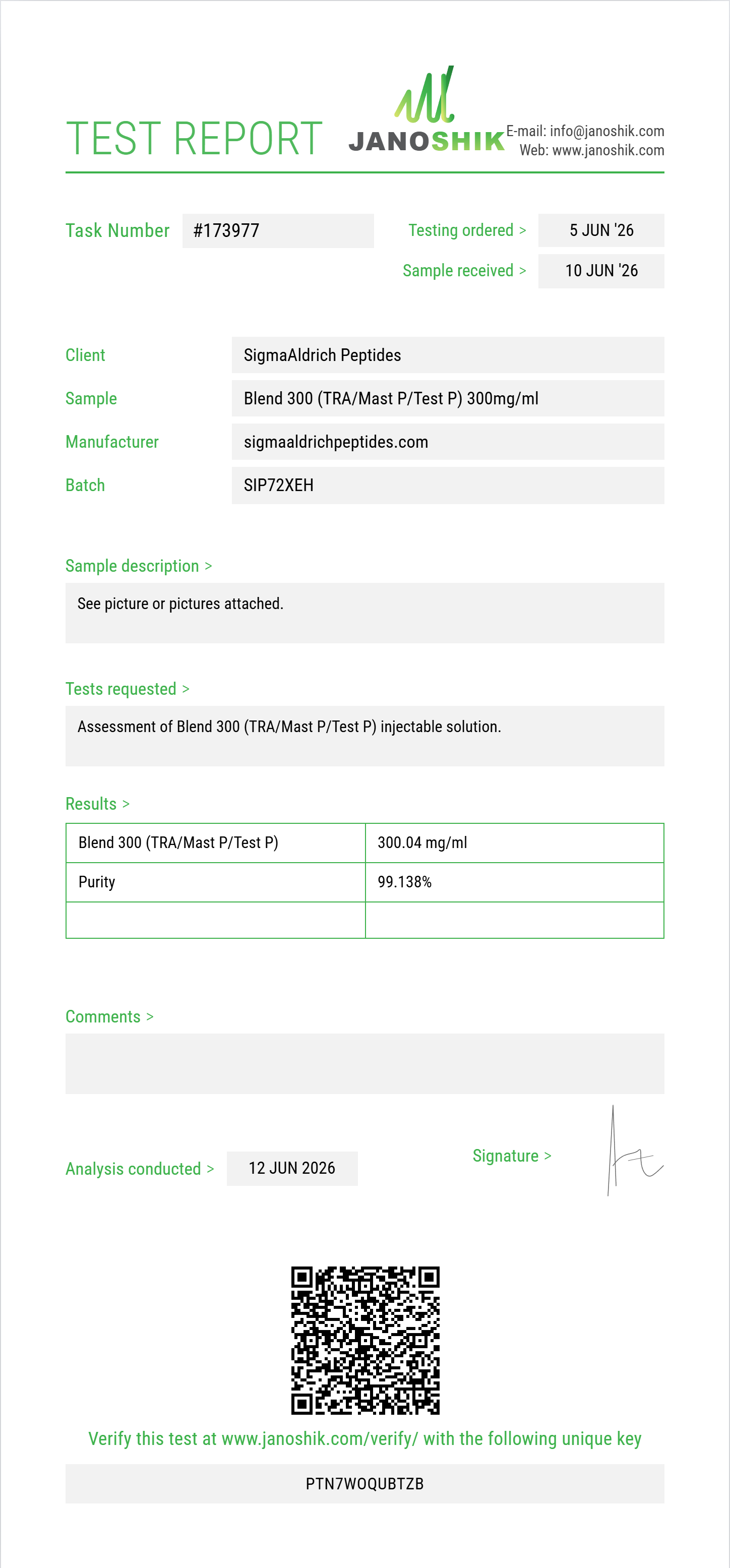 Blend 300 (TRA/Mast P/Test P) Purity (HPLC) report by Janoshik Analytical