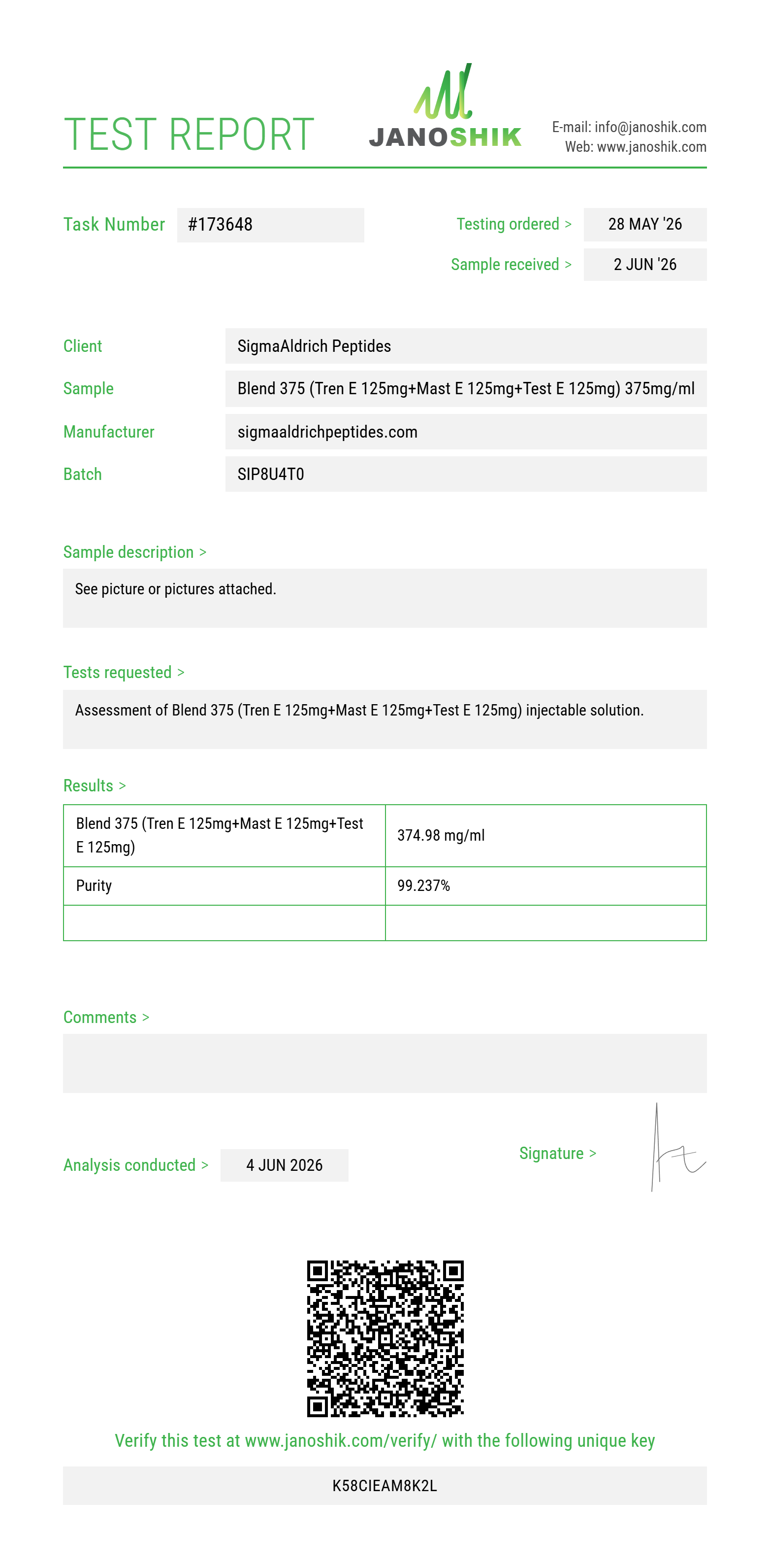 Blend 375 (Tren E 125mg+Mast E 125mg+Test E 125mg) Purity (HPLC) report by Janoshik Analytical