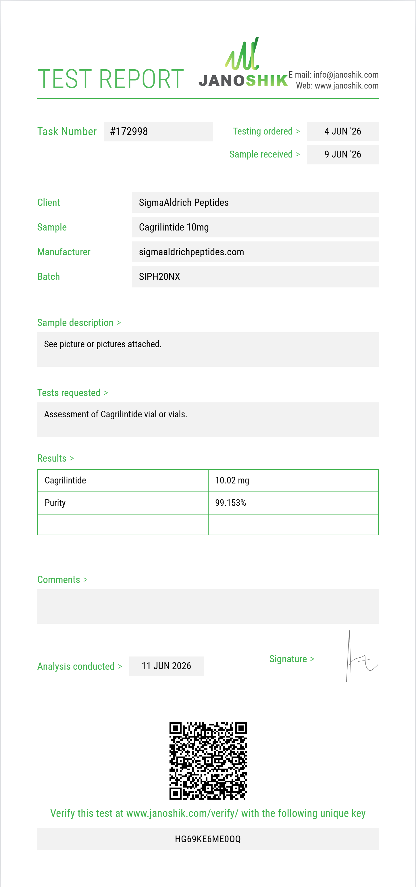 Cagrilintide Purity (HPLC) report by Janoshik Analytical