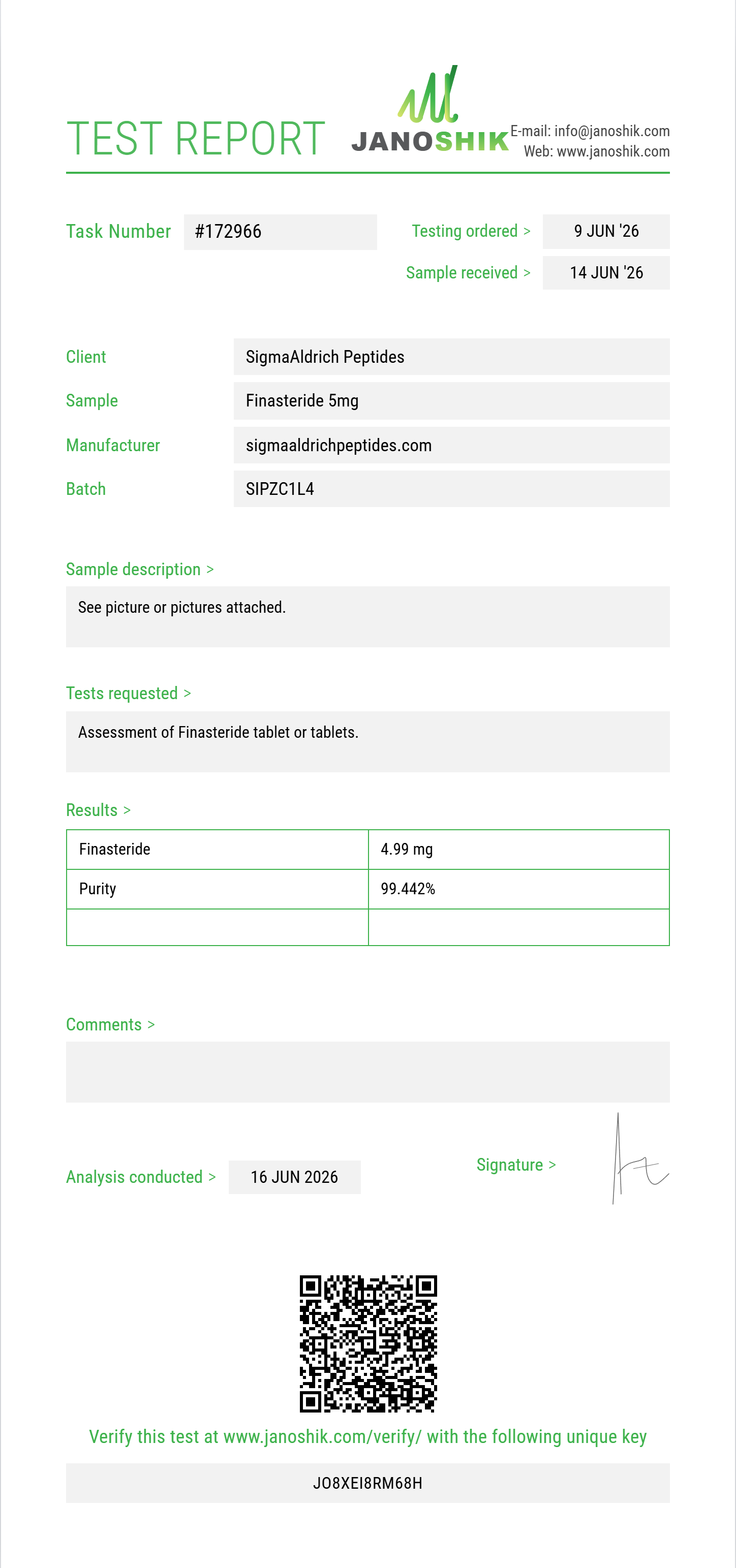 Finasteride Purity (HPLC) report by Janoshik Analytical