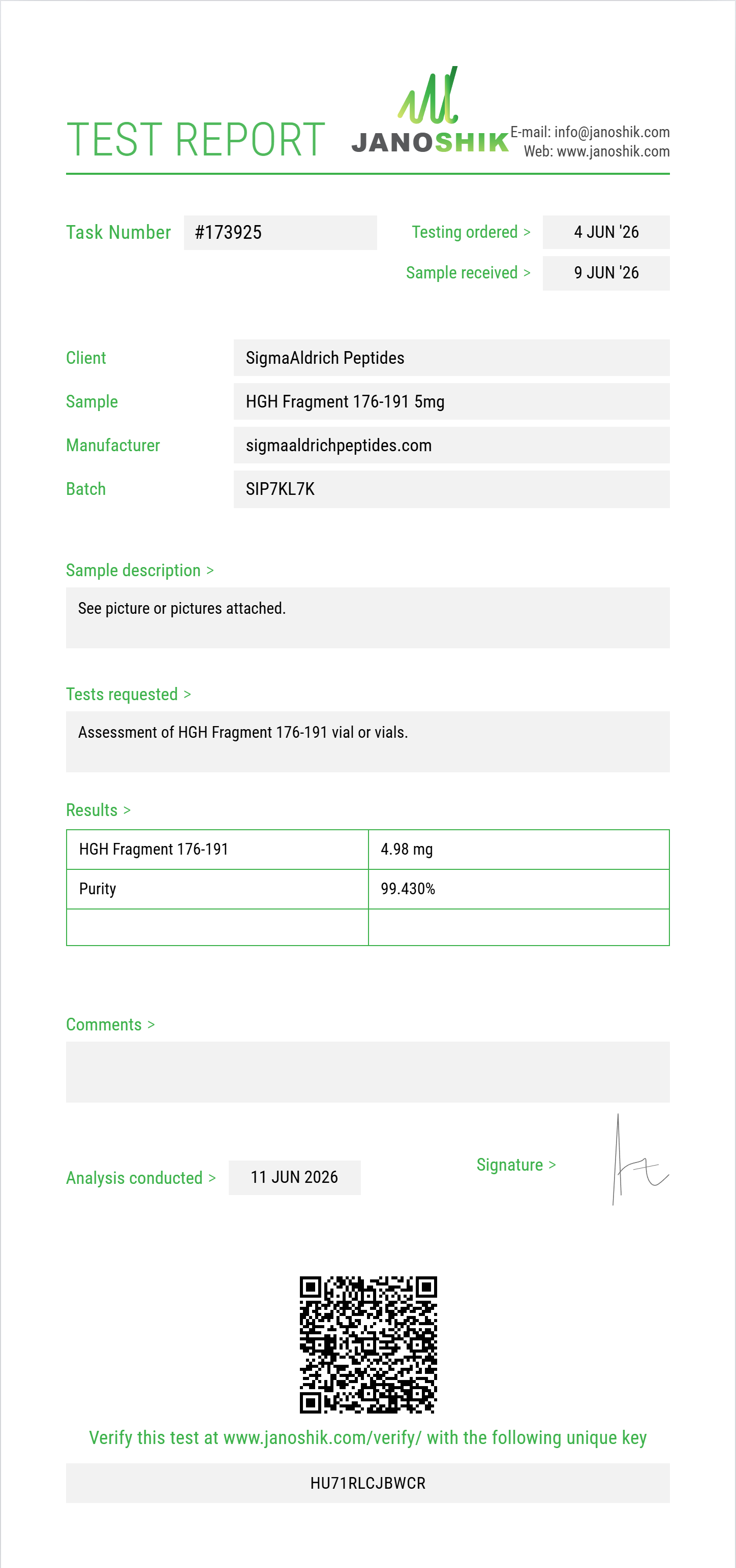 HGH Fragment 176-191 Purity (HPLC) report by Janoshik Analytical