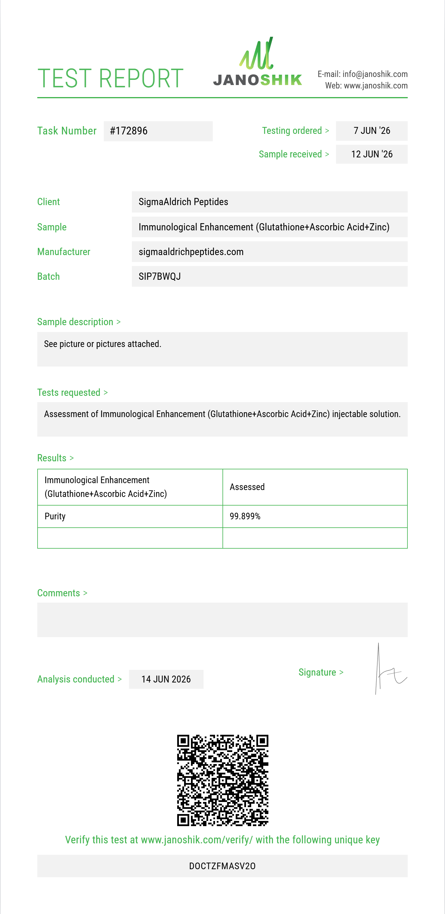 Immunological Enhancement (Glutathione 200mg+Ascorbic Acid 200mg+Zinc Sulfate 2.5mg) Purity (HPLC) report by Janoshik Analytical