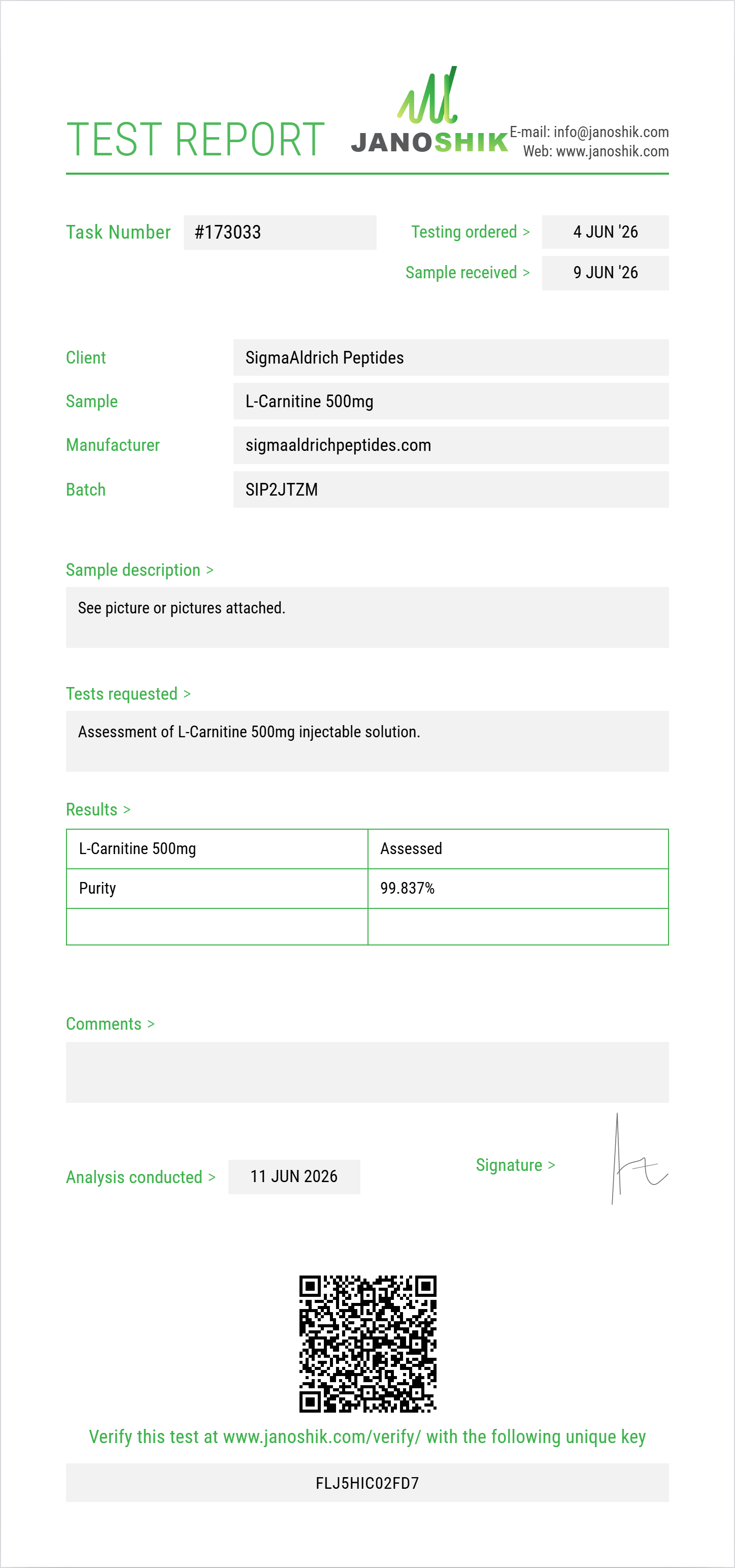 L-Carnitine 500mg Purity (HPLC) report by Janoshik Analytical