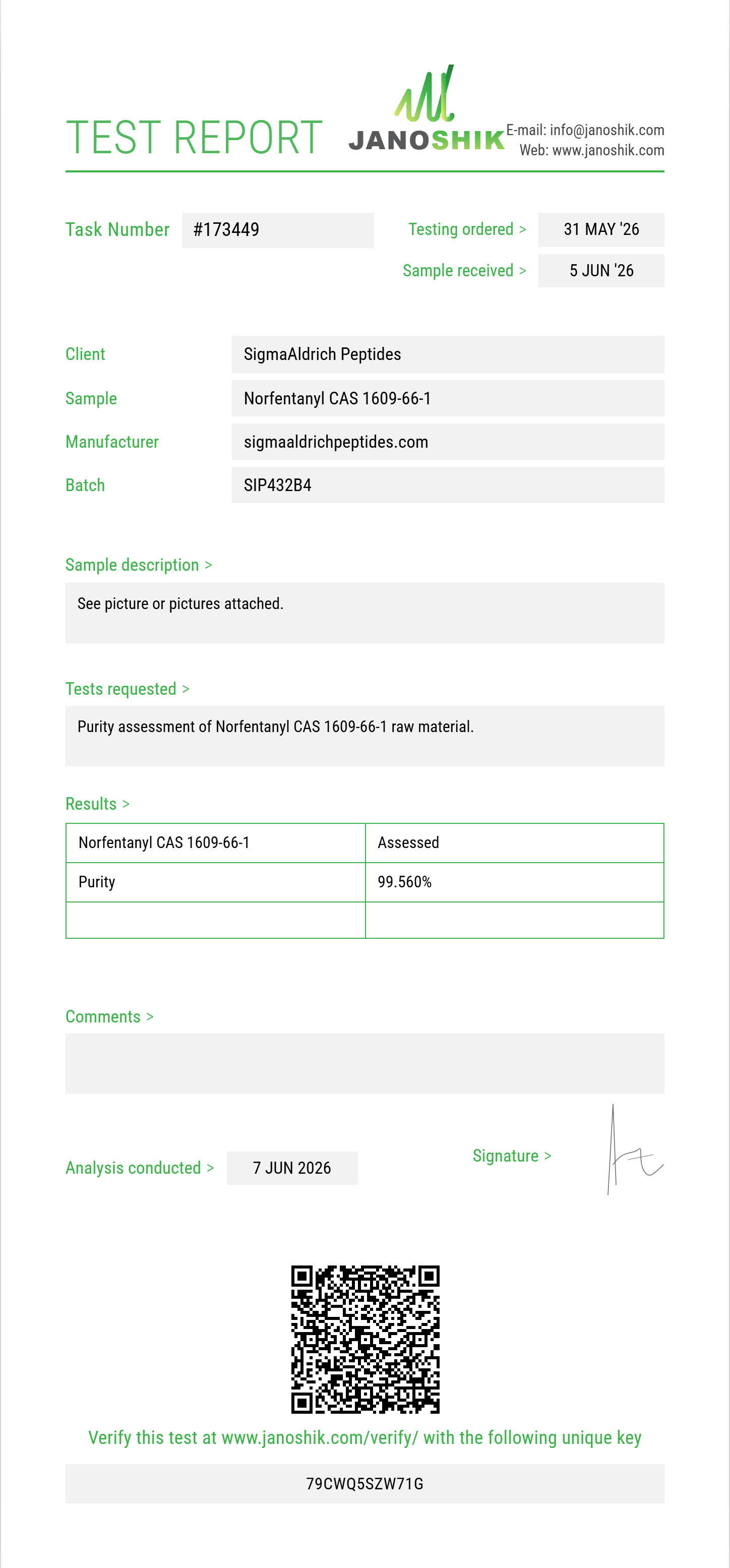 Norfentanyl CAS 1609-66-1 Purity (HPLC) report by Janoshik Analytical