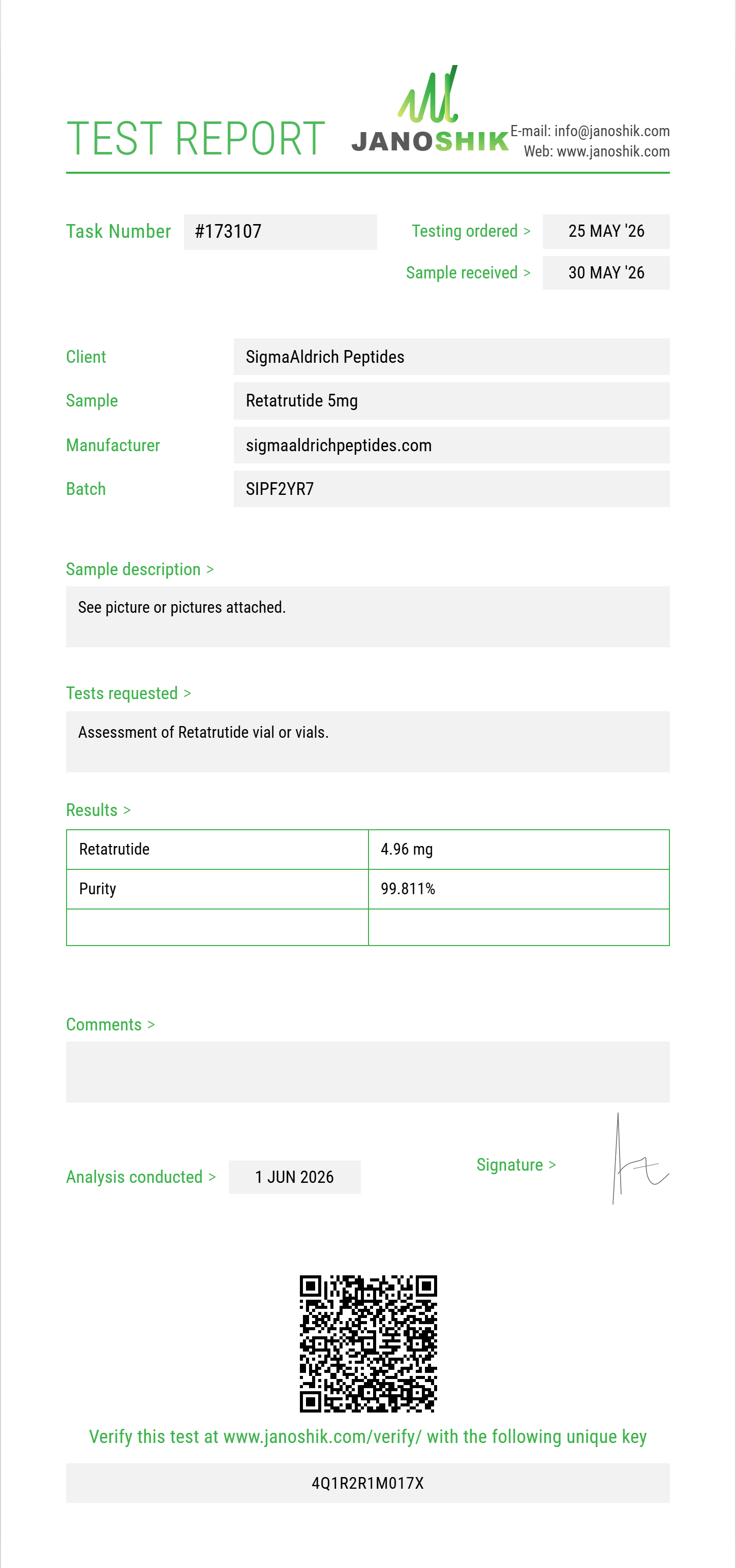 Retatrutide Purity (HPLC) report by Janoshik Analytical