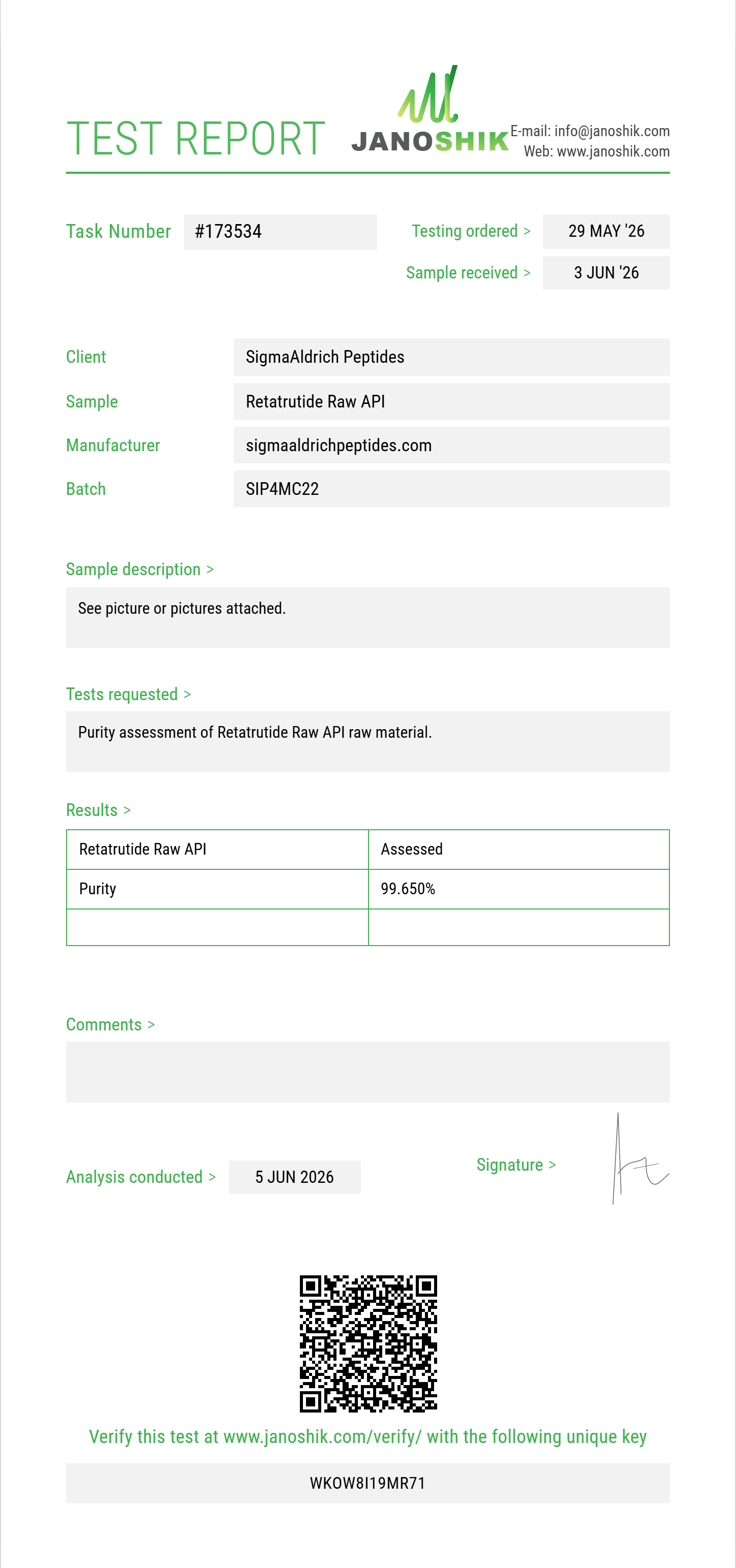 Retatrutide Raw Purity (HPLC) report by Janoshik Analytical