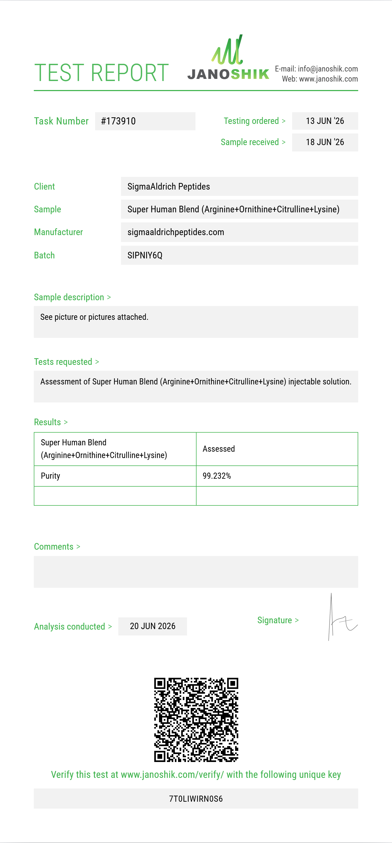 Super Human Blend (Arginine+Ornithine+Citrulline+Lysine+Glutamine+Proline+Taurine+Carnitine+NAC) Purity (HPLC) report by Janoshik Analytical