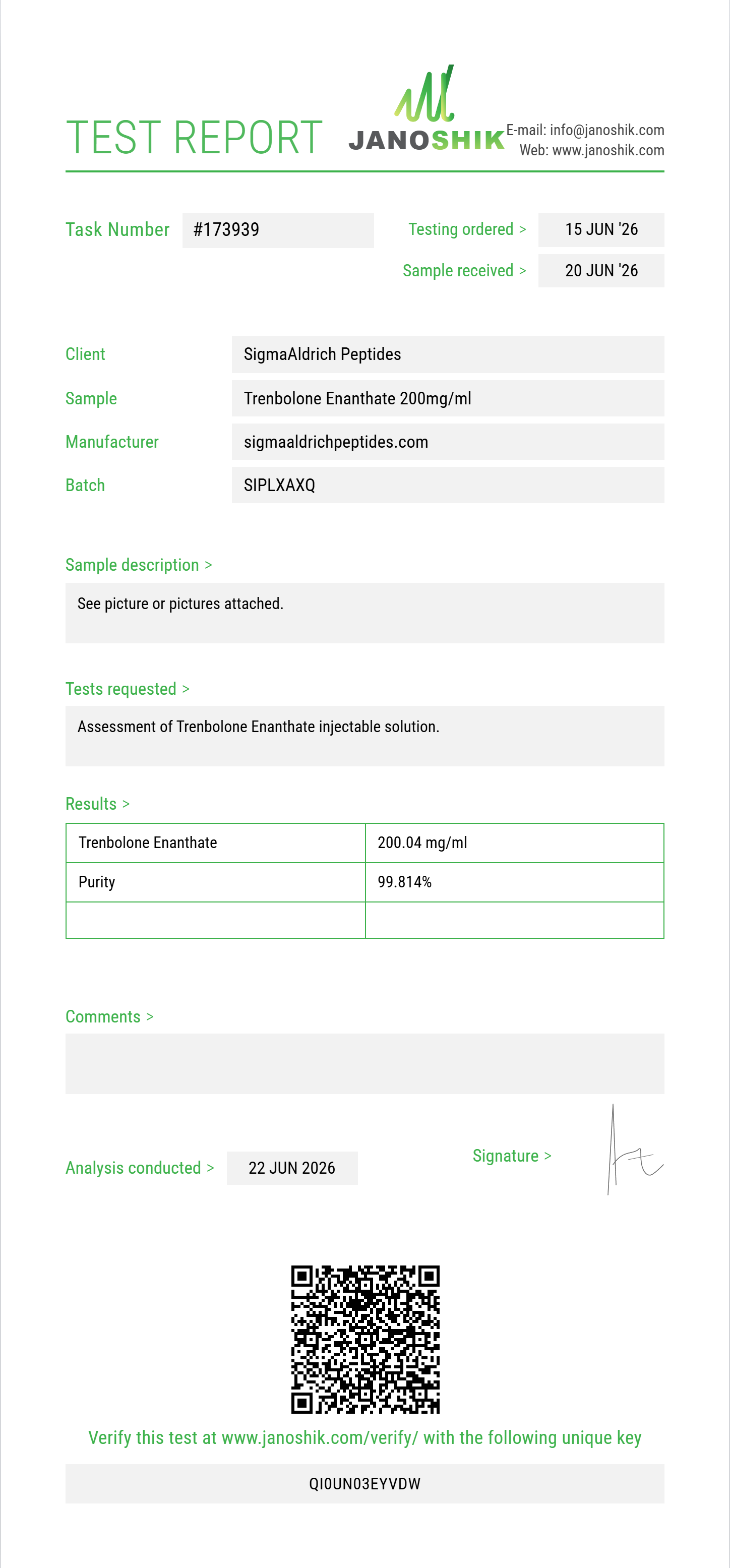 Trenbolone Enanthate Purity (HPLC) report by Janoshik Analytical