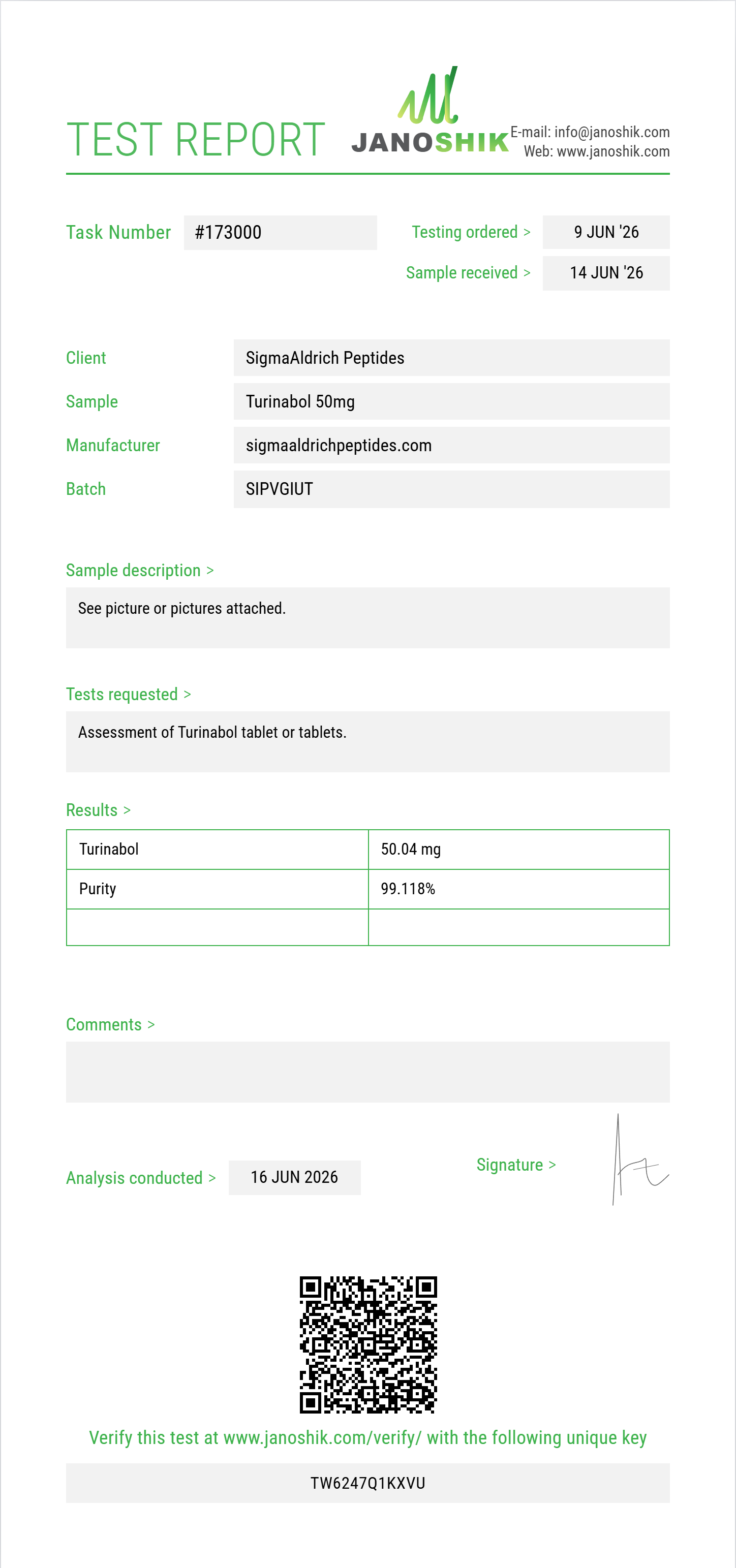 Turinabol Purity (HPLC) report by Janoshik Analytical