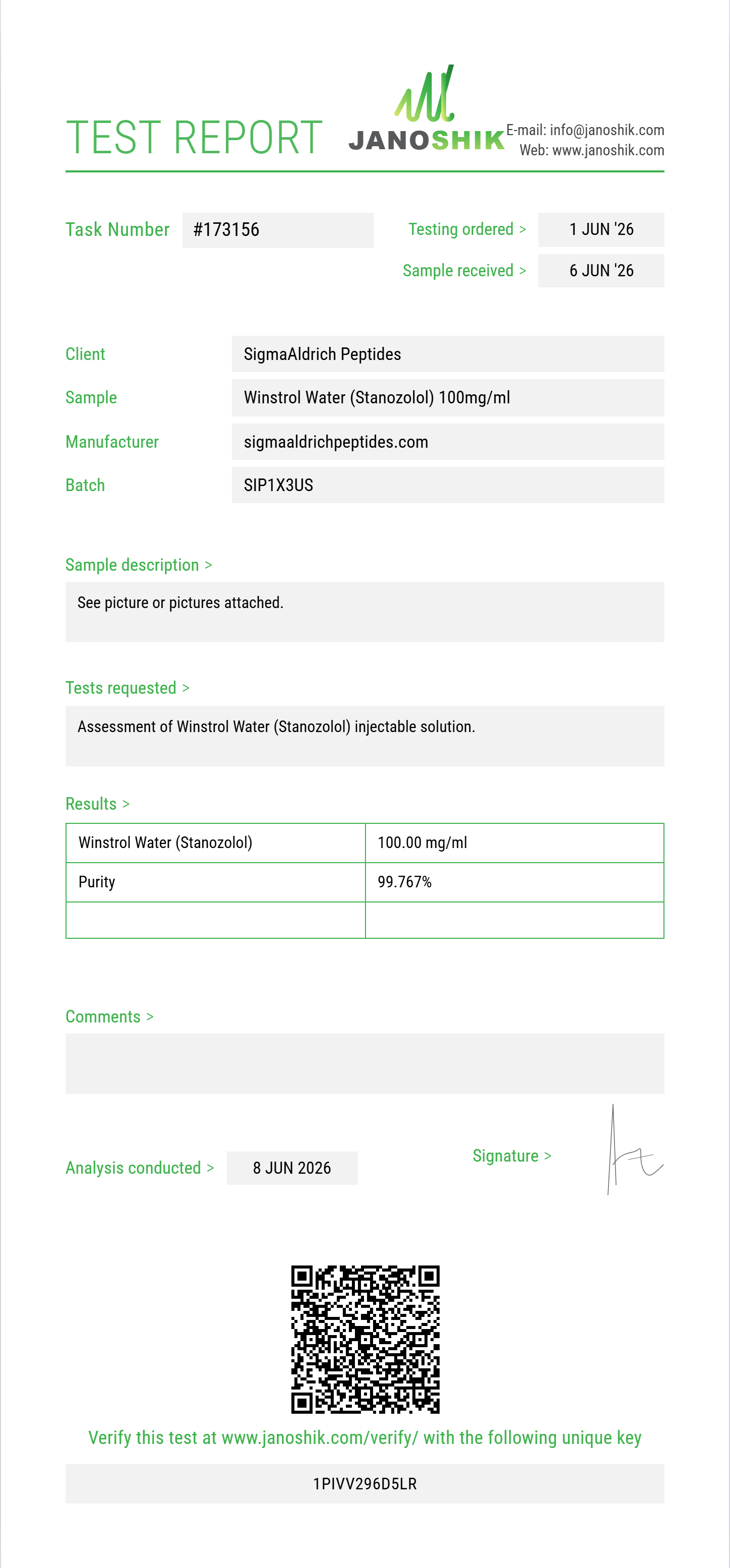 Winstrol Water (Stanozolol) Purity (HPLC) report by Janoshik Analytical
