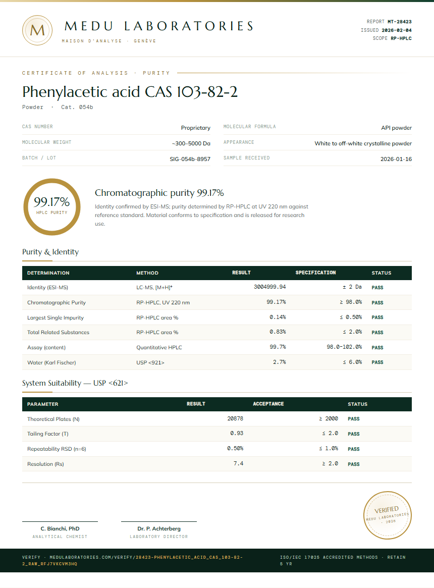 Phenylacetic acid CAS 103-82-2 Purity Test Report by Medu Laboratories