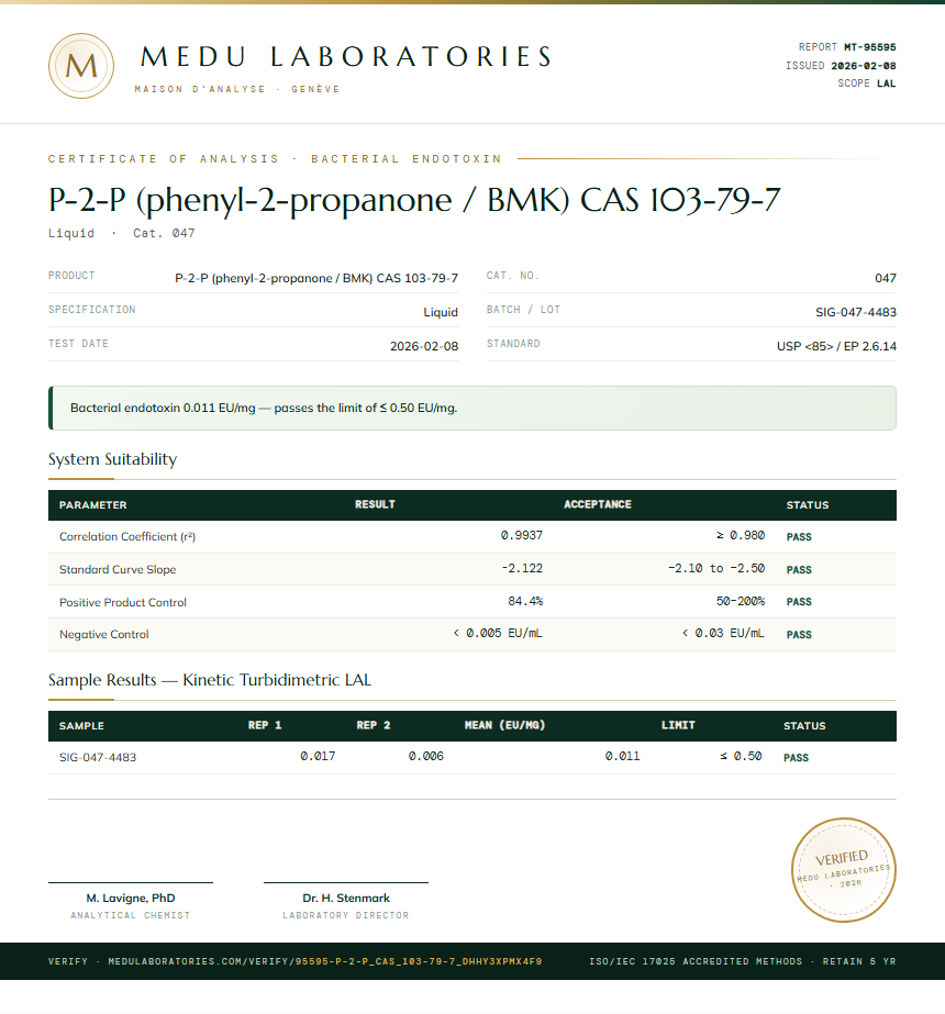P-2-P (phenyl-2-propanone / BMK) CAS 103-79-7 Endotoxin report by Medu Laboratories