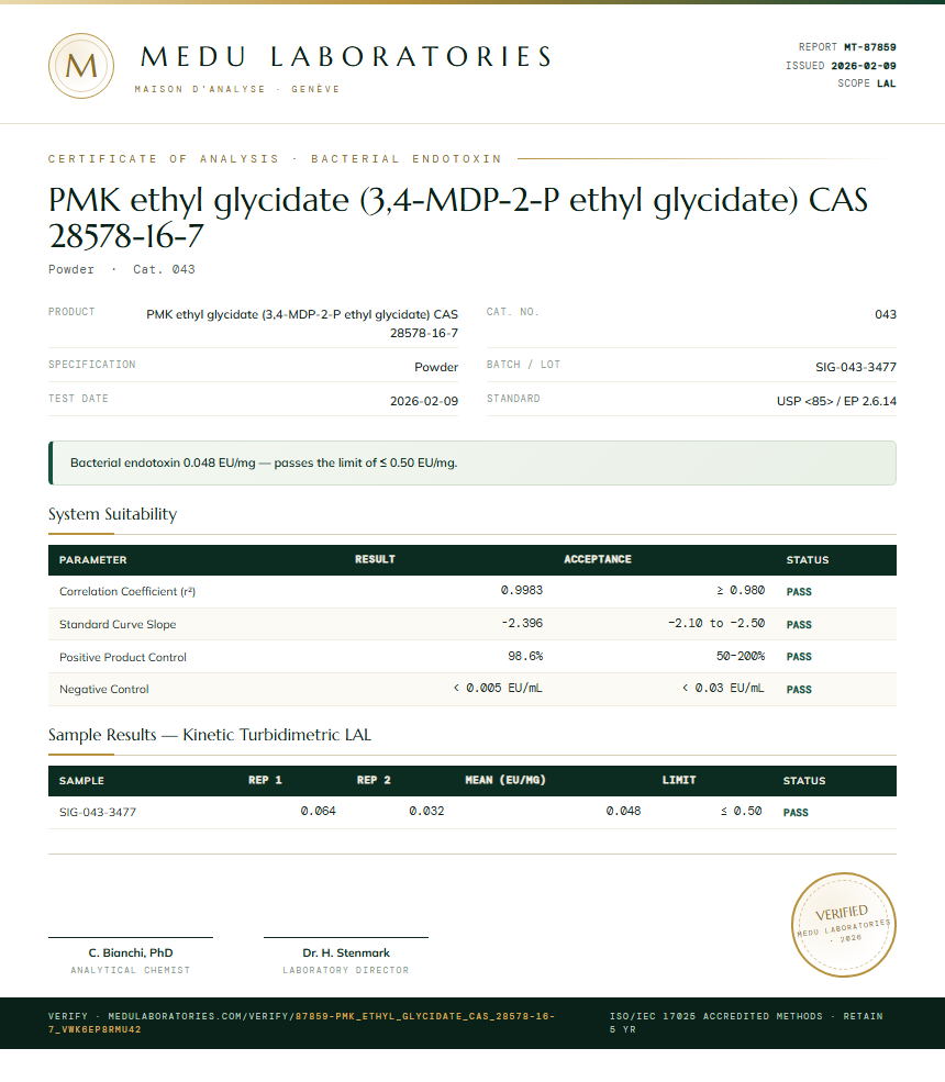 PMK ethyl glycidate (3,4-MDP-2-P ethyl glycidate) CAS 28578-16-7 Endotoxin report by Medu Laboratories