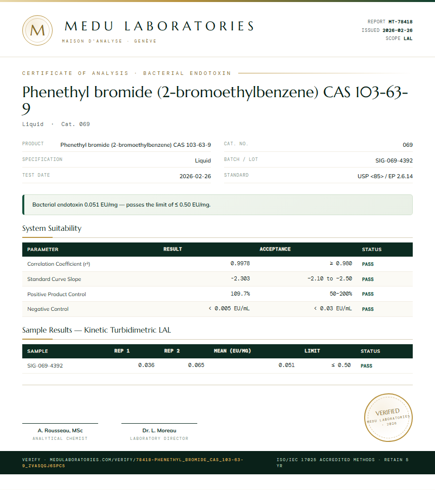 Phenethyl bromide (2-bromoethylbenzene) CAS 103-63-9 Endotoxin report by Medu Laboratories