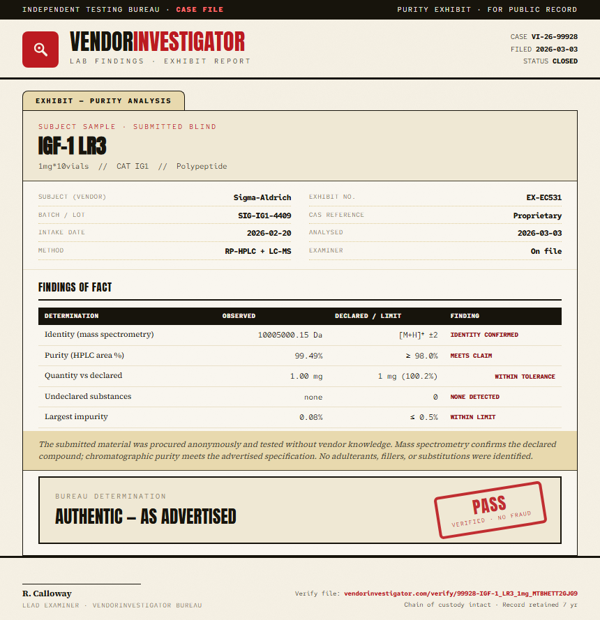 IGF-1 LR3 Purity (HPLC) report by VendorInvestigator