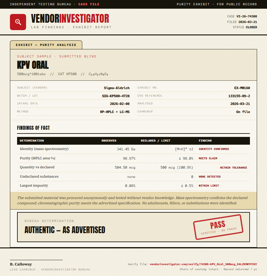 KPV Oral Purity (HPLC) report by VendorInvestigator