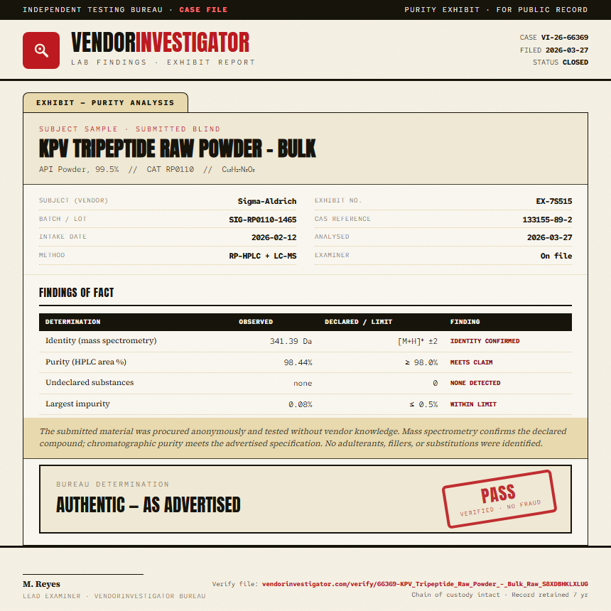 KPV Tripeptide Raw Powder - Bulk Purity (HPLC) report by VendorInvestigator