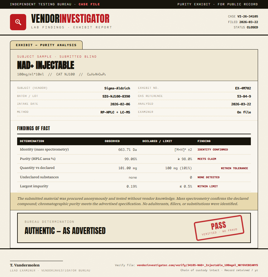 NAD+ Injectable Purity (HPLC) report by VendorInvestigator