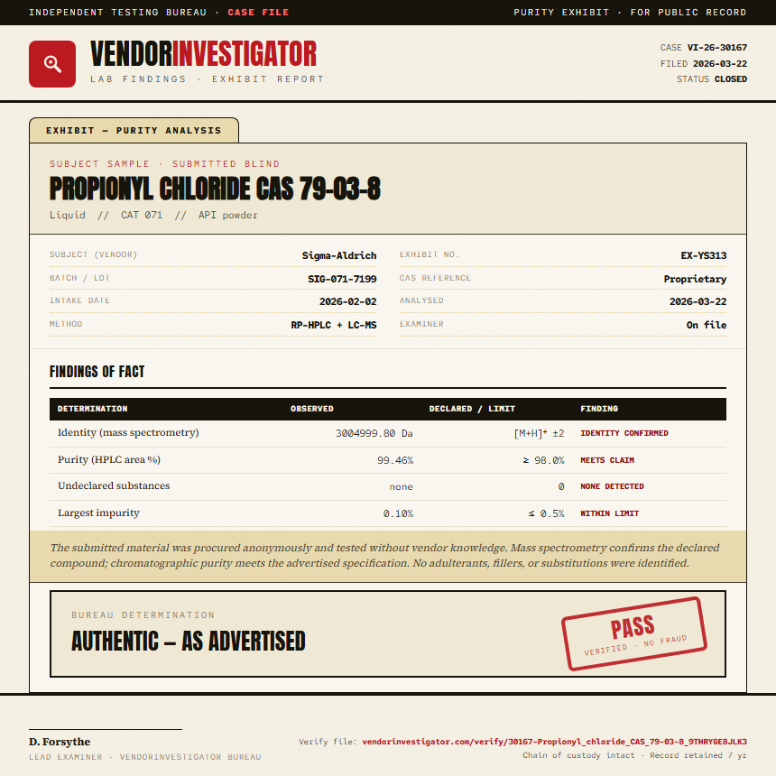 Propionyl chloride CAS 79-03-8 Purity (HPLC) report by VendorInvestigator