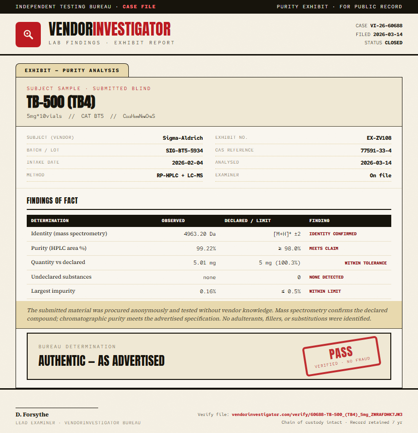 TB-500 (TB4) Purity (HPLC) report by VendorInvestigator
