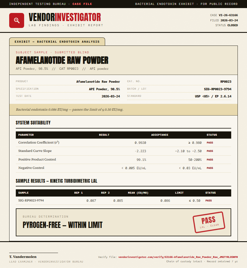 Afamelanotide Raw Powder Endotoxin report by VendorInvestigator