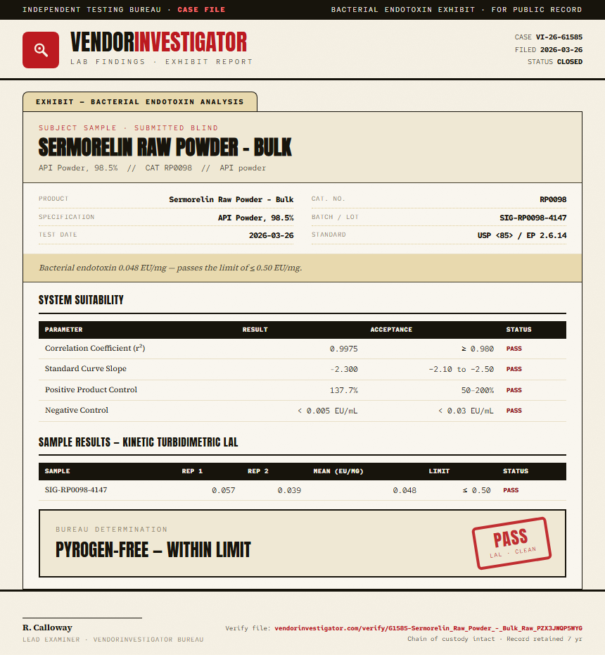 Sermorelin Raw Powder - Bulk Endotoxin report by VendorInvestigator