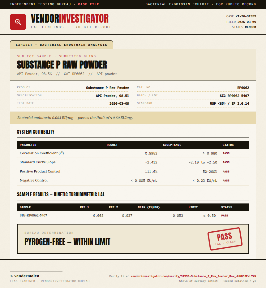 Substance P Raw Powder Endotoxin report by VendorInvestigator